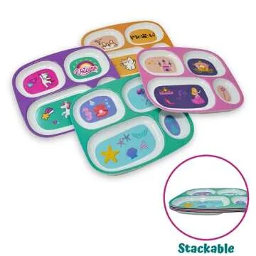 4E's Novelty 4 Melamine Dinner Plate for Kids Girls, Plastic Mealtime Divided Plates, Dinnerware Dishes Set For Toddlers Picky Eaters, BPA Free, Princess, Unicorn, Sea Life, Cat