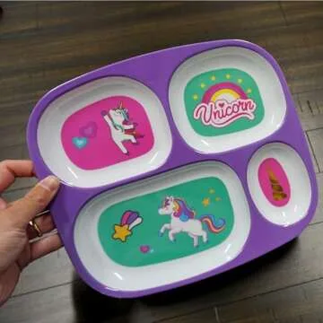 4E's Novelty 4 Melamine Dinner Plate for Kids Girls, Plastic Mealtime Divided Plates, Dinnerware Dishes Set For Toddlers Picky Eaters, BPA Free, Princess, Unicorn, Sea Life, Cat