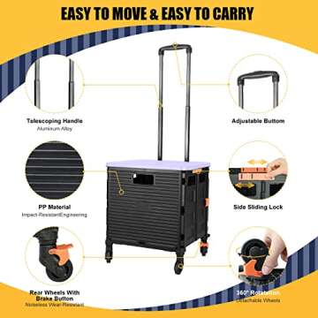 SELORSS Foldable Utility Cart Collapsible Crate Rolling Carts Handcart Trolley Tool Box Basket 4 360°Noiseless Wheels Lid Telescoping Handle for Shop Grocery Luggage Move Office School Teacher(Purple)