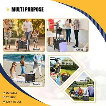 SELORSS Foldable Utility Cart Collapsible Crate Rolling Carts Handcart Trolley Tool Box Basket 4 360°Noiseless Wheels Lid Telescoping Handle for Shop Grocery Luggage Move Office School Teacher(Purple)