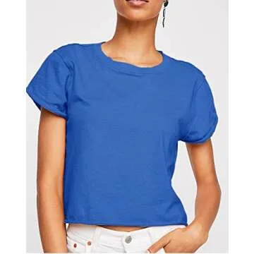 Carpetcom Women's Summer Casual Loose Fit Short Sleeve Tee Shirts Soild Basic Gym Yoga Running Workout Crop Tops Roya Blue