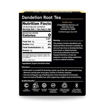 Buddha Teas Organic Dandelion Root Tea - OU Kosher, USDA Organic, CCOF Organic, 18 Bleach-Free Tea Bags