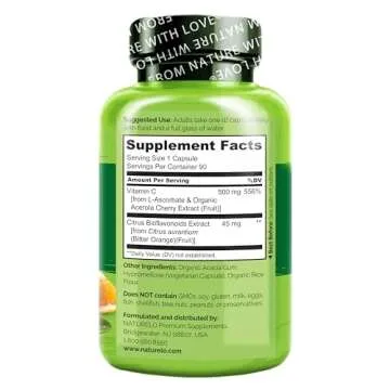 Organic NATURELO Vitamin C with Acerola Cherry - Immune Support - 90 Capsules