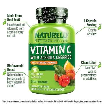 Organic NATURELO Vitamin C with Acerola Cherry - Immune Support - 90 Capsules