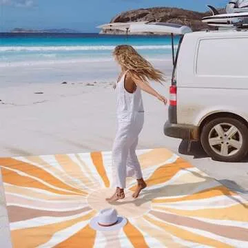 Waterproof Sandproof Beach Blanket, 9 Ft X 10 Ft Extra Large Beach Mat for 8 Adults, Lightweight Polyester Outdoor Picnic Blanket for Travel, Hiking, Camping, Beach Accessories for Vacation