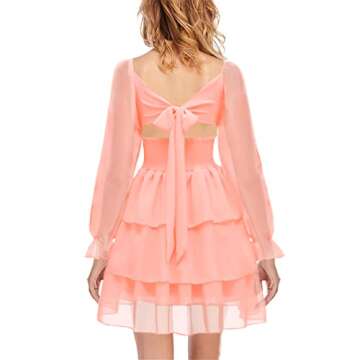 OBBUE Women's Summer Dress Tie Back Square Neck Aline Long Sleeve Layered Swing Mini Dresses Pink XXXL