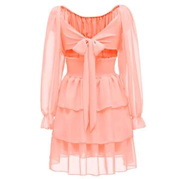 OBBUE Women's Summer Dress Tie Back Square Neck Aline Long Sleeve Layered Swing Mini Dresses Pink XXXL