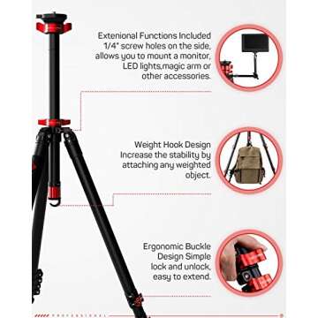 IFOOTAGE 65" Aluminum Camera Tripod, Professional Video Tripod 3 Sections with Centre Pole, Compatible with Canon, Nikon, Sony DSLR Camcorder Video Photography, Max Load 13.2 lbs - TA6S
