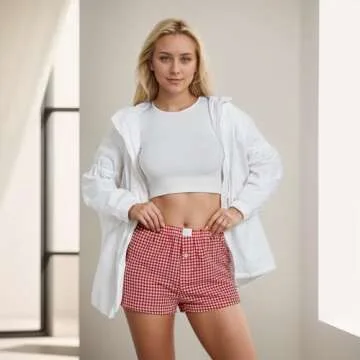 IYOWEL Y2K Boxer Shorts for Womens Low Waist Plaid Lounge Shorts Elastic Cute Gingham Pajamas Bottoms Summer Sleep Shorts Red M