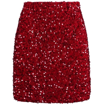 REEMONDE Women's Sequin Skirt Sparkle Stretchy Bodycon Mini Skirts Night Out Party (S, Burgundy)