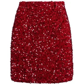 REEMONDE Women's Sequin Skirt Sparkle Stretchy Bodycon Mini Skirts Night Out Party (S, Burgundy)
