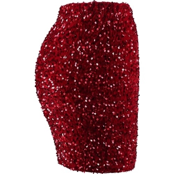 REEMONDE Women's Sequin Skirt Sparkle Stretchy Bodycon Mini Skirts Night Out Party (S, Burgundy)