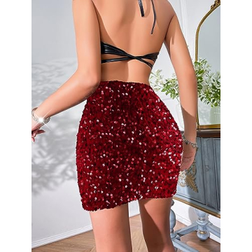 REEMONDE Women's Sequin Skirt Sparkle Stretchy Bodycon Mini Skirts Night Out Party (S, Burgundy)