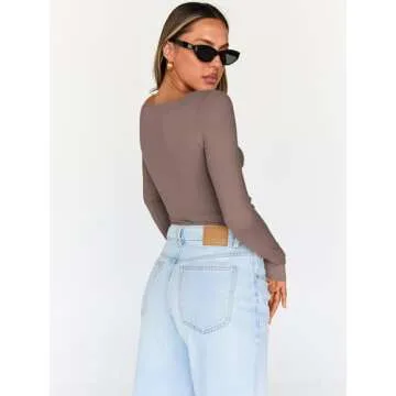 Trendy Queen Womens Tops Trendy Fashion Clothes Going Out Long Sleeve Shirts V Neck Basic Y2K Cute Shirt Slim Fitted Corset Coffee Grey L