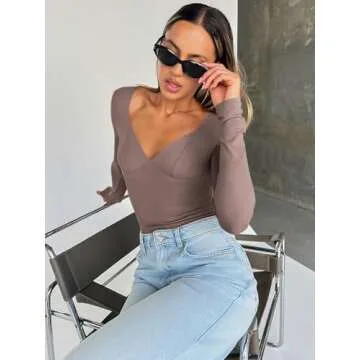 Trendy Queen Womens Tops Trendy Fashion Clothes Going Out Long Sleeve Shirts V Neck Basic Y2K Cute Shirt Slim Fitted Corset Coffee Grey L