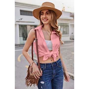 HOTOUCH Women's Button Down Sleeveless Blouse Light Pink Office Work Shirts Casual Cotton V Neck Lin...