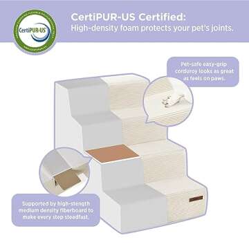 Lesure Dog Stairs for Small Dogs and Cats Foldable Pet Steps for High Beds and Couch with CertiPUR-US Certified Foam and Non-Slip Bottom, Beige, 5 Steps