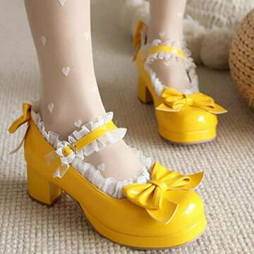 LUXMAX Women Bow Mary Janes Patent Leather Platform Sweet Lace Pumps Chunky Mid Heel Cute Shoes, Size 5.5 M US,Yellow