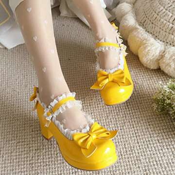 LUXMAX Women Bow Mary Janes Patent Leather Platform Sweet Lace Pumps Chunky Mid Heel Cute Shoes, Size 5.5 M US,Yellow
