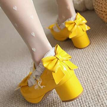 LUXMAX Women Bow Mary Janes Patent Leather Platform Sweet Lace Pumps Chunky Mid Heel Cute Shoes, Size 5.5 M US,Yellow