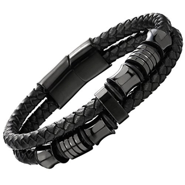 Stylish Men's Double-Row Black Braided Leather Bracelet with Steel Ornaments