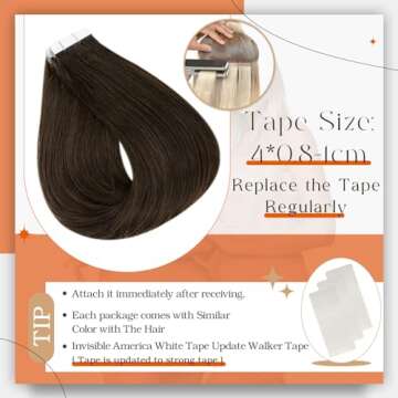 Full Shine Tape in Real Human Hair Extensions 16Inch Dark Brown Color Seamless Tape in Extensions Skin Weft Double Sided Tape in Hair Extensions 20Pieces 50Gram Remy Hair Extensions Human Hair