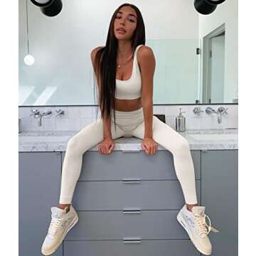 QINSEN Womens Yoga Leggings 2 Piece Outfits Running Sport Bra Seamless High Waist Leggings Beige M