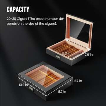 Mojgar Handmade Wooden Cigar Humidor Desktop,20-30 Counts Capacity,Travel Glass Top Cigar Box Portable with Digital Hygrometer,Humidifiers and Divider,Suitable for Home,Office,Bar,Carbon Fiber