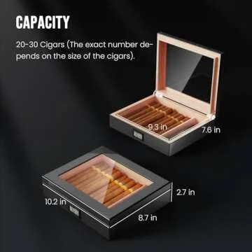 Mojgar Handmade Wooden Cigar Humidor Desktop,20-30 Counts Capacity,Travel Glass Top Cigar Box Portable with Digital Hygrometer,Humidifiers and Divider,Suitable for Home,Office,Bar,Carbon Fiber
