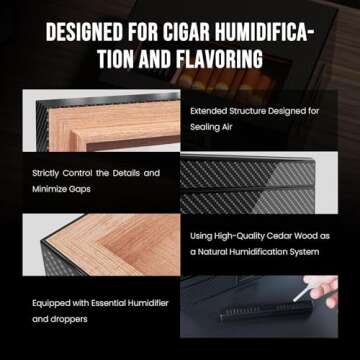Mojgar Handmade Wooden Cigar Humidor Desktop,20-30 Counts Capacity,Travel Glass Top Cigar Box Portable with Digital Hygrometer,Humidifiers and Divider,Suitable for Home,Office,Bar,Carbon Fiber