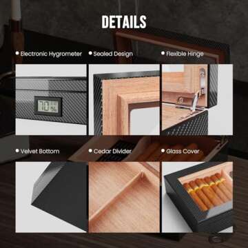 Mojgar Handmade Wooden Cigar Humidor Desktop,20-30 Counts Capacity,Travel Glass Top Cigar Box Portable with Digital Hygrometer,Humidifiers and Divider,Suitable for Home,Office,Bar,Carbon Fiber