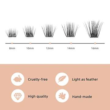 Lash Clusters DIY Eyelash Extensions 72 Pcs Cluster Eyelash Extensions 8-16mm Cluster Lashes D Curl Lash Clusters Thin Stem Eyelash Clusters Reusable Makeup for Self-application (Fluffy R-06 D 8-16mm)