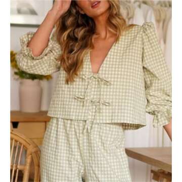Sastianaen Women Y2k Plaid Pajama Set Puff Short Sleeve Peplum Shirts Ruffle Gingham Lounge Shorts C...