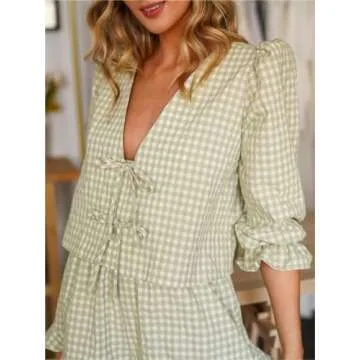 Sastianaen Women Y2k Plaid Pajama Set Puff Short Sleeve Peplum Shirts Ruffle Gingham Lounge Shorts Cute Matching 2 Piece Pj Set (A1-Green, S)