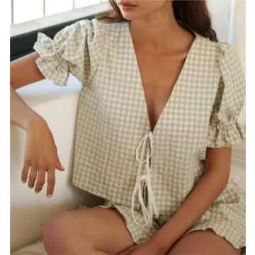 Sastianaen Women Y2k Plaid Pajama Set Puff Short Sleeve Peplum Shirts Ruffle Gingham Lounge Shorts Cute Matching 2 Piece Pj Set (A1-Green, S)