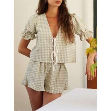 Sastianaen Women Y2k Plaid Pajama Set Puff Short Sleeve Peplum Shirts Ruffle Gingham Lounge Shorts Cute Matching 2 Piece Pj Set (A1-Green, S)