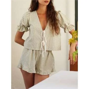 Sastianaen Women Y2k Plaid Pajama Set Puff Short Sleeve Peplum Shirts Ruffle Gingham Lounge Shorts Cute Matching 2 Piece Pj Set (A1-Green, S)