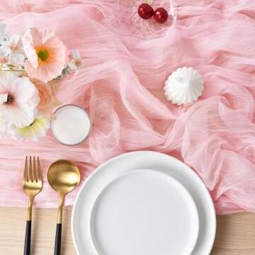Joanlody Blushing Pink Cheesecloth Table Runner 10Ft Rustic Gauze Cheese Cloth Table Runner Boho Easter Spring Summer Table Runner for Wedding Bridal Baby Shower Decoration