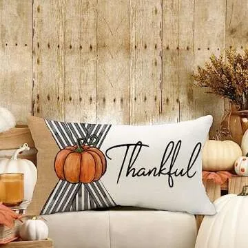 Fall Thanksgiving Stripes Patch Pumpkin Pillow Covers 12x20