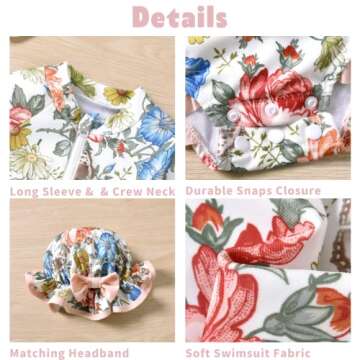 Newborn Infant Baby Girls One Piece Long Sleeve Swimsuit Floral Bathing Suit Zip Up Swimwear Beach Wear 0-3 Months Pink