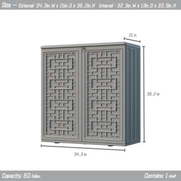 Mrosaa Indoor Outdoor Storage Cabinet Waterproof with Shelf,Plastic Storage Sheds Outdoor Cabinets for Patio/Garden/Backyard, Size 34.3''L*15''W*36.2''H（Gray）