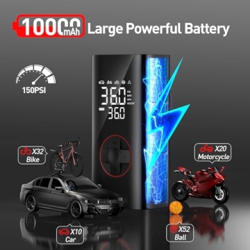 Tire Inflator Portable Air Compressor - Cordless Air Pump for Car Tires - 150PSI &10000 mAh Battery Portable Tire Inflator for Car with Pressure Gauge, Mini Tire Pump for Bike, Motorcycle, Ball