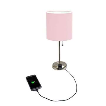 Simple Designs LT2024-LPK Brushed Steel Stick Table Desk Lamp with Charging Outlet and Drum Fabric Shade, Light Pink