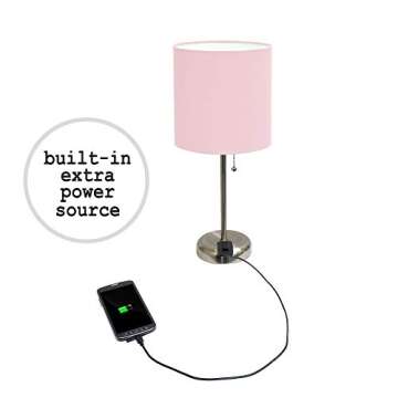 Simple Designs LT2024-LPK Brushed Steel Stick Table Desk Lamp with Charging Outlet and Drum Fabric Shade, Light Pink
