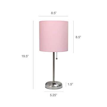 Simple Designs LT2024-LPK Brushed Steel Stick Table Desk Lamp with Charging Outlet and Drum Fabric Shade, Light Pink