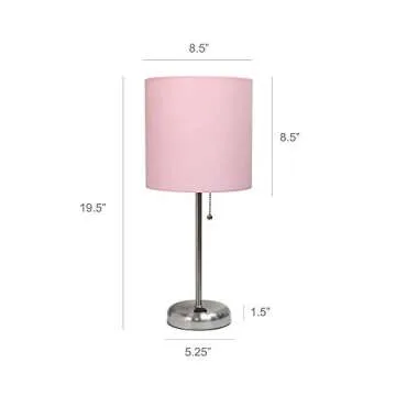 Simple Designs LT2024-LPK Brushed Steel Stick Table Desk Lamp with Charging Outlet and Drum Fabric Shade, Light Pink