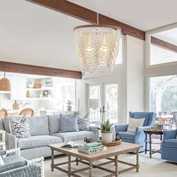 ELYCCUPA 26” Boho Wood Beaded Chandelier Rustic Farmhouse Pendant Light 4-Lights Large Coastal Cha...