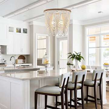 ELYCCUPA 26” Boho Wood Beaded Chandelier Rustic Farmhouse Pendant Light 4-Lights Large Coastal Chandelier for Living Room Dining Room Foyer Entryway Bedroom, Oak White, E26, UL Listed