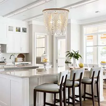 ELYCCUPA 26” Boho Wood Beaded Chandelier Rustic Farmhouse Pendant Light 4-Lights Large Coastal Chandelier for Living Room Dining Room Foyer Entryway Bedroom, Oak White, E26, UL Listed