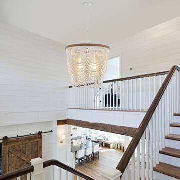 ELYCCUPA 26” Boho Wood Beaded Chandelier Rustic Farmhouse Pendant Light 4-Lights Large Coastal Chandelier for Living Room Dining Room Foyer Entryway Bedroom, Oak White, E26, UL Listed